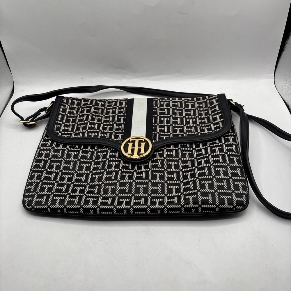 TOMMY HILFIGER MONOGRAM CROSSBODY MESSENGER BAG PURSE Black/White Gold Hardware‎